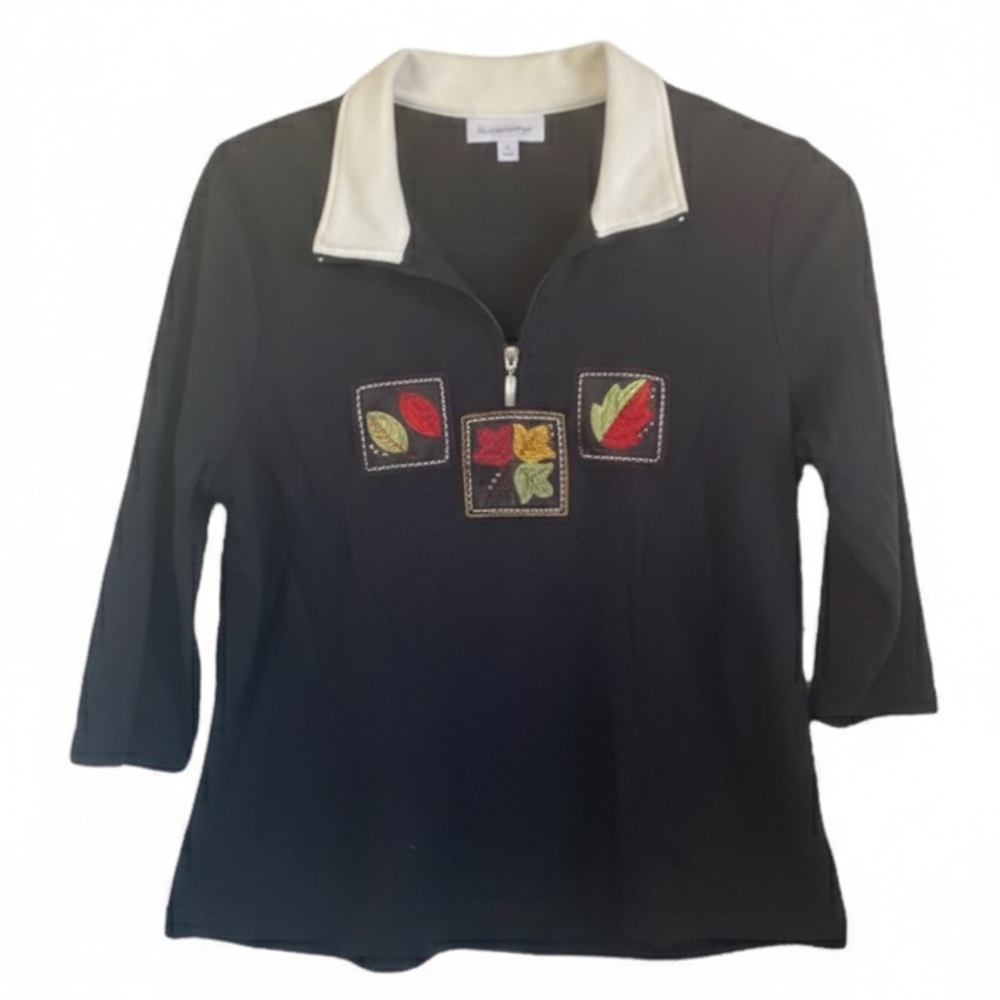 Breckenridge Black & White Collared Quarter Zip Top Size XL Fall Theme